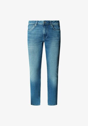 Lichtblauwe denim jeans met een taps toelopende pijp, vervaagd patroon, vijf zakken en een metalen knoopsluiting.