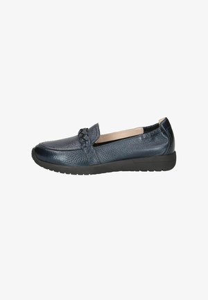 Blue leather loafers with a textured finish, featuring a braided accent on the upper and a black rubber sole for traction.