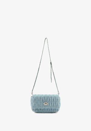 Light blue textured shoulder bag with silver turn-lock clasp and a matching chain strap.