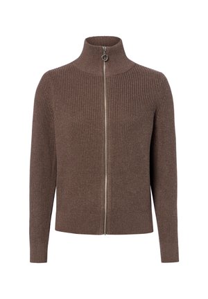 Brauner gestrickter Pullover mit durchgehendem Reißverschluss, hohem Kragen und rundem Reißverschluss-Zipper, langen Ärmeln sowie gerippten Bündchen und Saum.