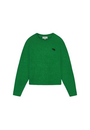 Groene trui met lange mouwen, ronde halslijn en ribgebreide manchetten. Heeft een klein zwart logo aan de voorkant. Getextureerd breimateriaal.