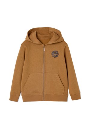 Braune Zip-Hoodie aus weichem Stoff, mit einem Frontlogo mit "SKATE", zwei Vordertaschen und gerippten Bündchen und Saum.