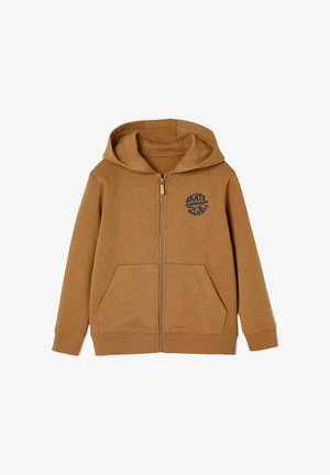Braune Zip-Hoodie aus weichem Stoff, mit einem Frontlogo mit "SKATE", zwei Vordertaschen und gerippten Bündchen und Saum.