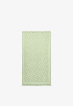 Sciarpa rettangolare verde chiaro con un delicato motivo circolare intrecciato e corti frange ai bordi.