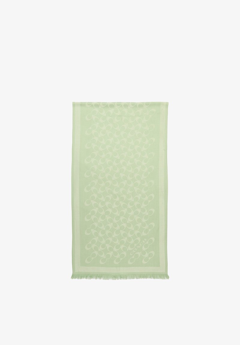 Écharpe rectangulaire vert clair avec un motif circulaire entrelacé subtil et de petites franges sur les bords.