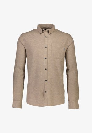 Brun langærmet skjorte i et blødt, tekstureret stof. Har en knap-ned krave, en enkelt brystlomme og mørke knapper.