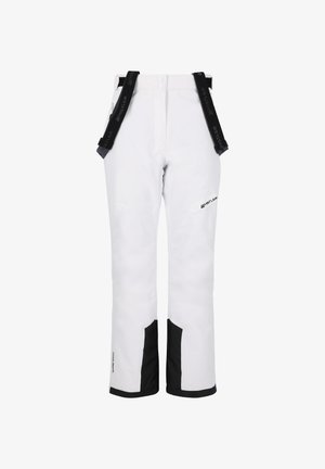 Pantaloni da sci bianchi impermeabili con bretelle nere regolabili, dotati di pannelli laterali neri e cuciture rinforzate. Inclusi due taschini frontali.