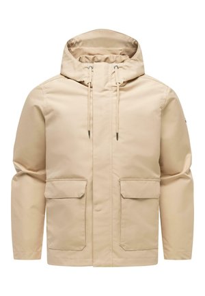 Giacca beige con cappuccio, zip frontale, cappuccio con coulisse e due ampie tasche con patta all'altezza della vita. Maniche lunghe e design semplice.