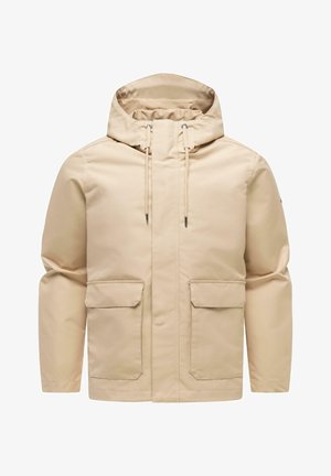 Beige hættejakke med lynlås foran, snøre i hætten og to store lommer med klap i taljehøjde. Lange ærmer og enkelt design.