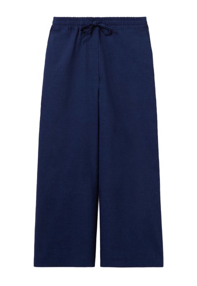 Pantaloni a gamba larga blu navy realizzati in lino, con vita elastica e cordoncino, tasche laterali e una texture liscia.