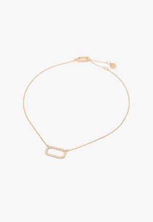 Gold chain bracelet featuring a rectangular link adorned with clear rhinestones, with an adjustable clasp and a small round tag.