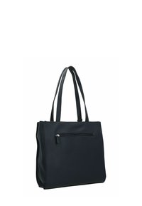Borsa tote in pelle nera con texture liscia, doppi manici per la spalla e una tasca anteriore con zip. Presenta una forma rettangolare con un ampio interno.