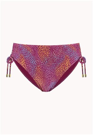 Braguitas de bikini de cintura alta en color púrpura con patrones abstractos de hojas naranjas y azules, con lazos laterales ajustables con puntas de tono dorado.