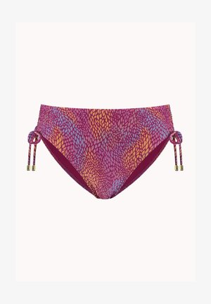 Bikinislips mit hohem Bund in Lila mit abstrakten orangefarbenen und blauen Blattmustern, ausgestattet mit verstellbaren Seitenschnüren mit goldfarbenen Enden.