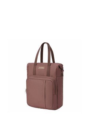 Borsa a tracolla marrone Dakine con tasca frontale con cerniera, doppi manici superiori e dettaglio laterale con bottone automatico.