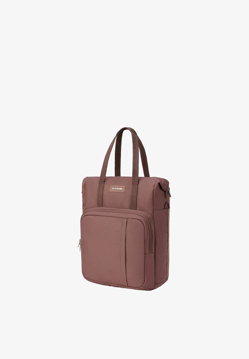 Sac fourre-tout marron Dakine avec poche zippée à l'avant, double poignée supérieure et détail à pression latéral.