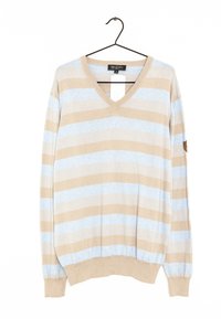Pull à col en V rayé beige et bleu clair, manches longues, poignets et ourlet côtelés, étiquette en tissu visible, texture douce, design décontracté.