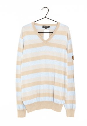 Maglione a V nella combinazione di beige e azzurro chiaro a righe, maniche lunghe, polsini e orlo a costine, etichetta del tessuto visibile, texture morbida, design casual.