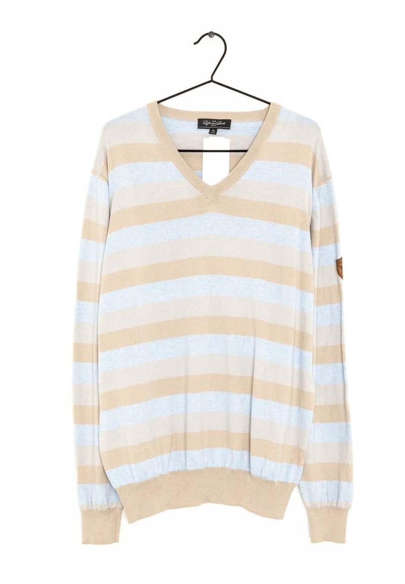 Beige und hellblau gestreifter V-Ausschnitt-Pullover, lange Ärmel, gerippte Bündchen und Saum, Stoffetikett sichtbar, weiche Textur, lässiges Design.