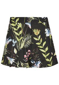 Pantaloni corti floreali con sfondo nero, decorati da un motivo di foglie verdi e fiori colorati. Il materiale sembra leggero e con una vestibilità rilassata.