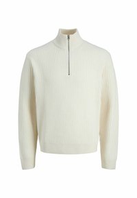 Maglione a maglia coste color crema, con colletto a zip a un quarto e maniche lunghe. Tessuto morbido, vestibilità comoda e senza motivi o loghi visibili.