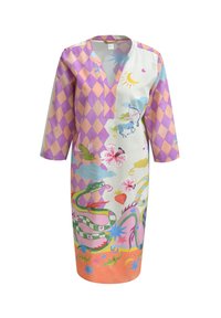 Bunt gemustertes, knielanges Kleid mit einer Mischung aus lila und pfirsichfarbenen Karomustern, verspielten Illustrationen von Tieren und Blumen sowie einem V-Ausschnitt.