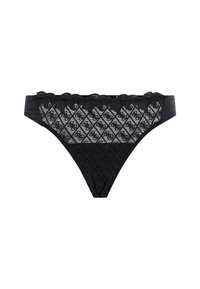 Zwarte kanten string met een diamantpatroon, golvende randen en een contrasterende satijnen tailleband. Heeft een complexe textuur en verfijnde details.