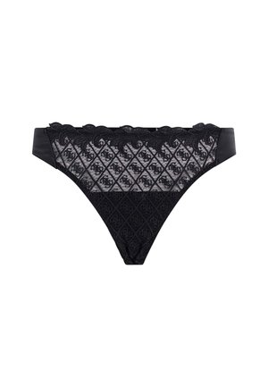 Zwarte kanten string met een diamantpatroon, golvende randen en een contrasterende satijnen tailleband. Heeft een complexe textuur en verfijnde details.