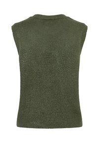 Mouwloze olijfgroene gebreide trui met een geribbelde ronde hals en een zacht aanvoelende afwerking. Naadloos ontwerp aan de achterkant, normale pasvorm.