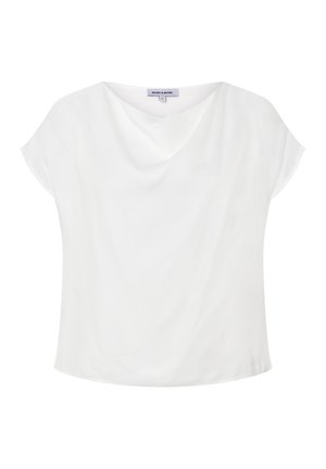 Weiße Kurzarmbluse mit drapiertem Ausschnitt und weitem Schnitt, etikettiert mit "More & More" in Größe 36.