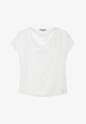 White short-sleeve blouse with a draped neckline and loose fit, labeled "More & More" in size 36.