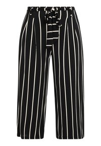 Zwart-wit gestreepte brede pijpen broek met een trekkoord in de taille, gemaakt van een zachte stof, met een relaxte pasvorm en een enkel-lengte snit.