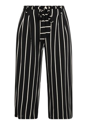 Juodai baltos dryžuotos plačios kojų kelnės su stringų juosmeniu, pagamintos iš minkštos medžiagos, pasižyminčios laisvu siluetu ir kulkšnies ilgio kirpimu.