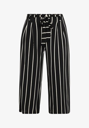 Schwarz-weiße gestreifte weite Hosen mit elastischem Bund, aus einem weichen Stoff gefertigt, mit lockerer Passform und knöchellangem Schnitt.