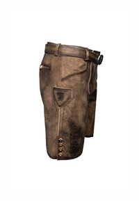 Braune Ledershorts mit strukturiertem Finish, dekorativer Stickerei an der Seite und Knopfakzenten am Saum und an den Taschen.