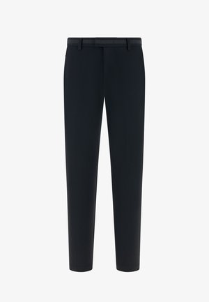 Czarne spodnie z gładkiej tkaniny o prostym kroju nogawek. Posiadają płaski pas, szlufki na pasek oraz brak widocznych kieszeni.