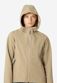 Beige hoodie met een voorrits, twee zijzakken en verstelbare koorden op de capuchon. Glad, textuurachtige stof.