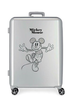 Maleta rígida plateada con cuatro ruedas, con un dibujo de Mickey Mouse saltando y el texto "Mickey Mouse" arriba.