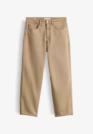 Beige broek met rechte pijpen, voorzien van een voorste knoop- en ritssluiting, voorzakken en een muntenzakje, en gestikte kniedetails.