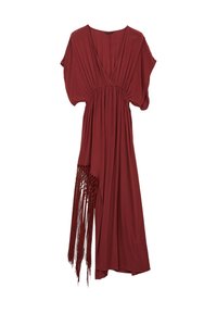 Long maroon dress with a deep V-neck, short sleeves, gathered waist, and vertical fringed detailing on one side. Made from soft, flowy material.