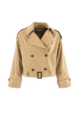 Gabardina corta doble faz en beige con amplios solapas, puños abotonados, hombreras y cintura ceñida con cinturón.