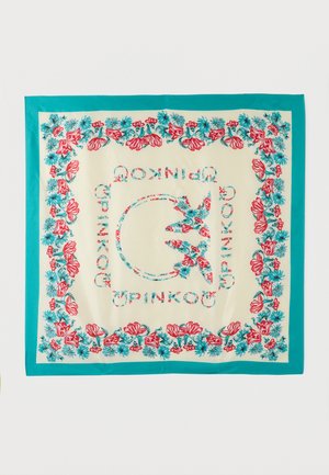 Square cream scarf with teal border, red and blue floral pattern around edges, and central stylized letters forming a circular design.