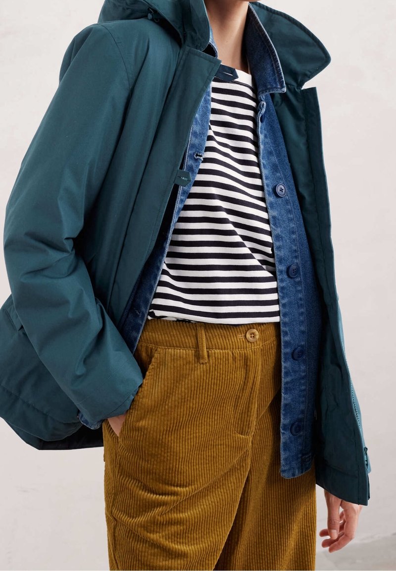 Veste bleu sarcelle à capuche portée sur une chemise en jean bleu, un haut rayé, et un pantalon en velours côtelé moutarde à côtes avec un détail bouton.
