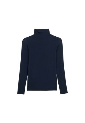 Marineblauwe coltrui met lange mouwen, gemaakt van zacht, rekbaar materiaal. Heeft een hoge kraag en een slim fit ontwerp. Geen patronen of accenten.