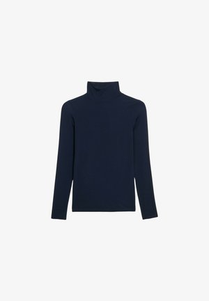 Camisa de cuello alto de color navy con mangas largas, hecha de una tela suave y elástica. Presenta un diseño ajustado y un cuello alto. Sin patrones ni detalles.