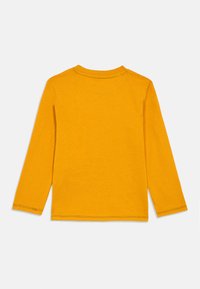T-shirt a maniche lunghe in cotone giallo brillante, con un semplice collo a giro e orli cuciti. La parte posteriore è semplice senza dettagli aggiuntivi.