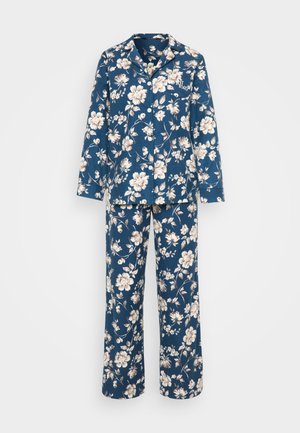 Floral-patterned navy pajama set featuring long sleeves, a notched collar, and button front. Made of soft fabric with a relaxed fit.