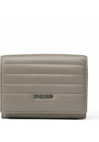 Cartera de cuero gris con diseño acolchado y logo "PICARD" en relieve. Forma rectangular con bordes rectos y costuras visibles.