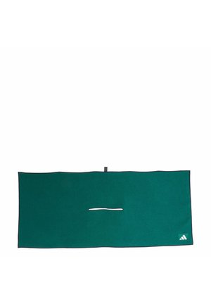 Green rectangular cloth with a horizontal slit in the center and a small white logo in the bottom right corner.