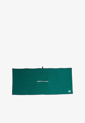Groen rechthoekig doek met een horizontale spleet in het midden en een klein wit logo rechtsonder.